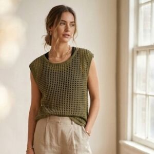 Lafayette 148 New York Khaki Crochet Knit Top Size Small Cashmere
